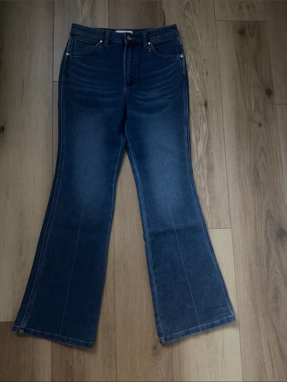Wrangler Dark Blue High-Rise Bootcut Jeans with Pink Patch - Picture 4 of 4